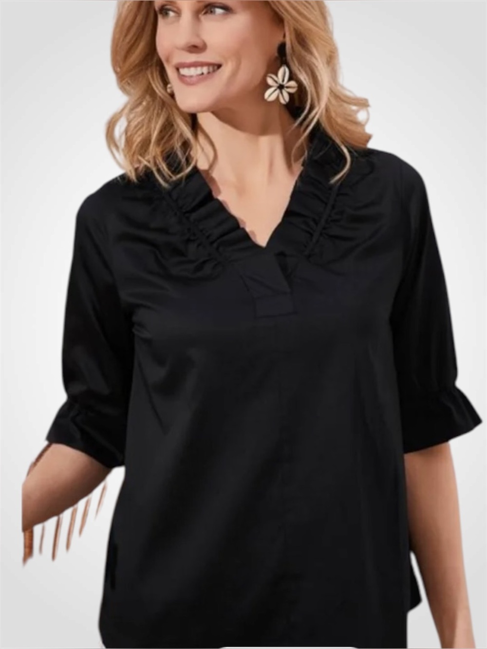Soft Surroundings Black Glenna Notched Ruffle Neckline Pullover Blouse Small NWT